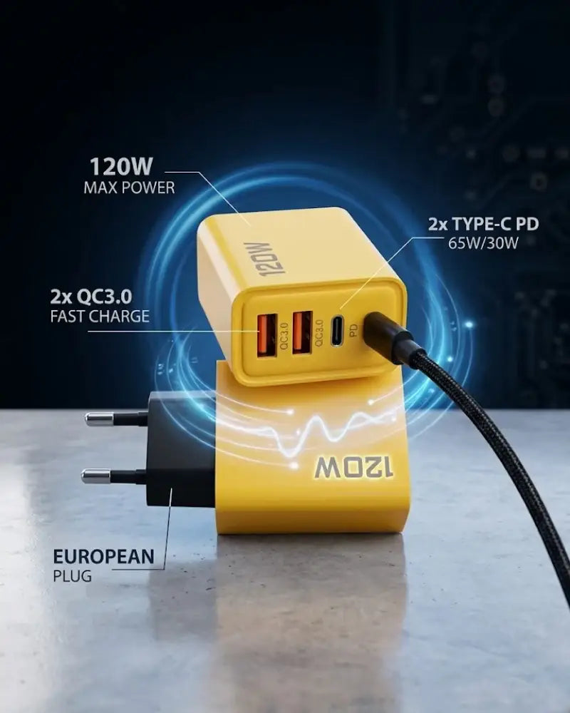 120W GaN Super Fast Duo Charger (USB-C + USB-A) | Dual Port Fast Charger with Fast Charging Cable